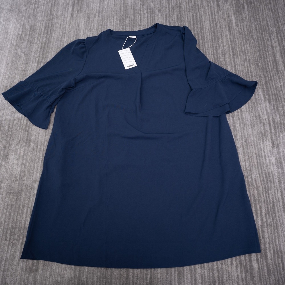 Rumia Blouse Womens 2XL Navy Blue New Tiered Bell Sleeve V-Neck Pleated Top